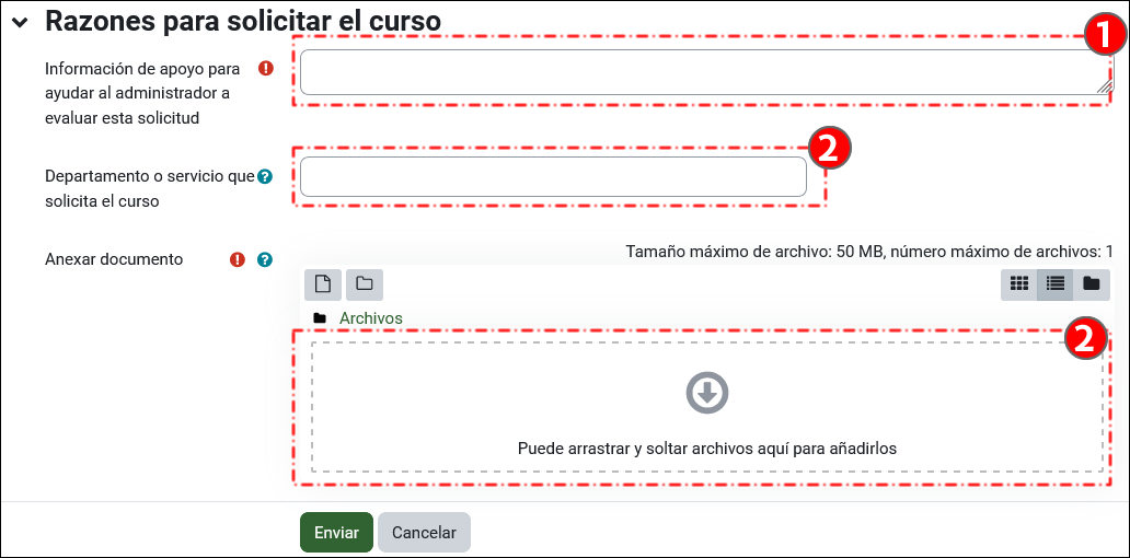 Muestra la ficha donde se indican las razones para solicitar el curso