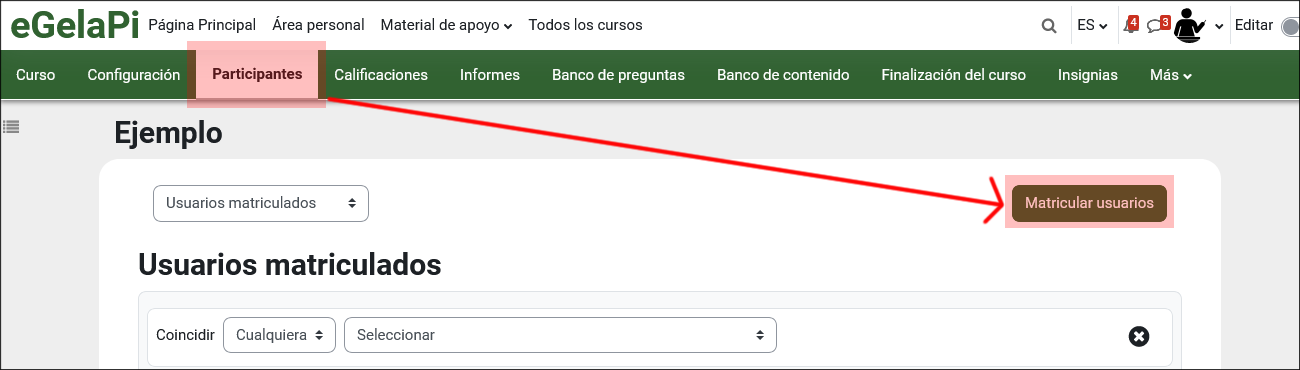 Muestra como matricular a usuarios