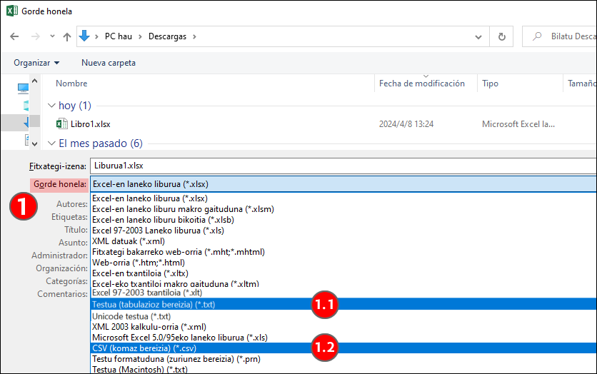 Datu taularen esportatzeko aukerak