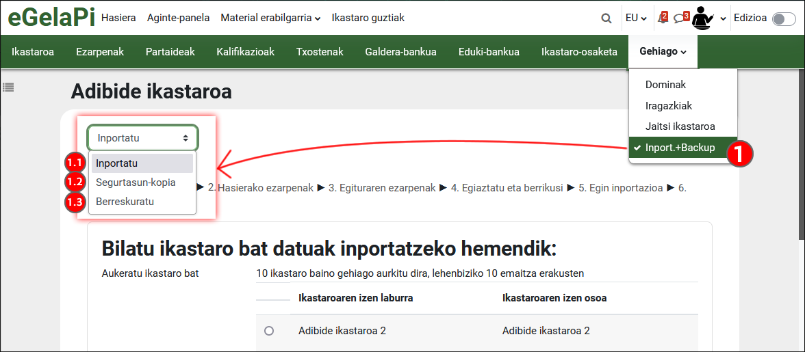Ikastaro baten kopia edo berreskuratzea egiteko sarbidea erakusten du