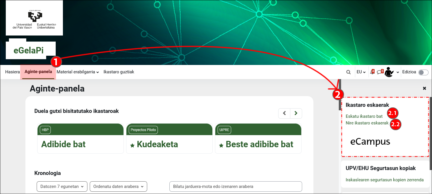 Ikastaroa eskatzeko erakusten du, arlo pertsonaletik sartuta