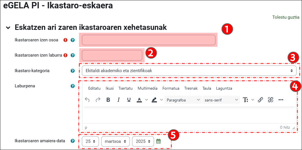 Ikastaroaren xehetasunekin bete beharreko fitxa erakusten du