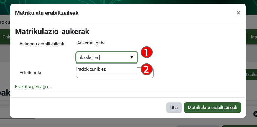 Erabiltzailea matrikulatzeko iradokizunik ez aurkitzeko aukera erakusten du