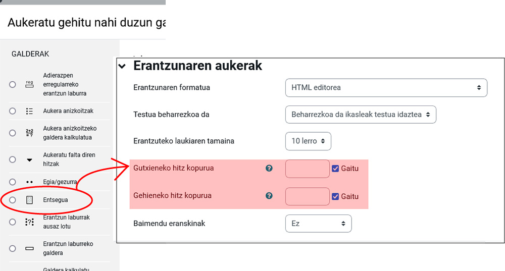 Irudiak erakusten du nola konfiguratu hitzen muga
