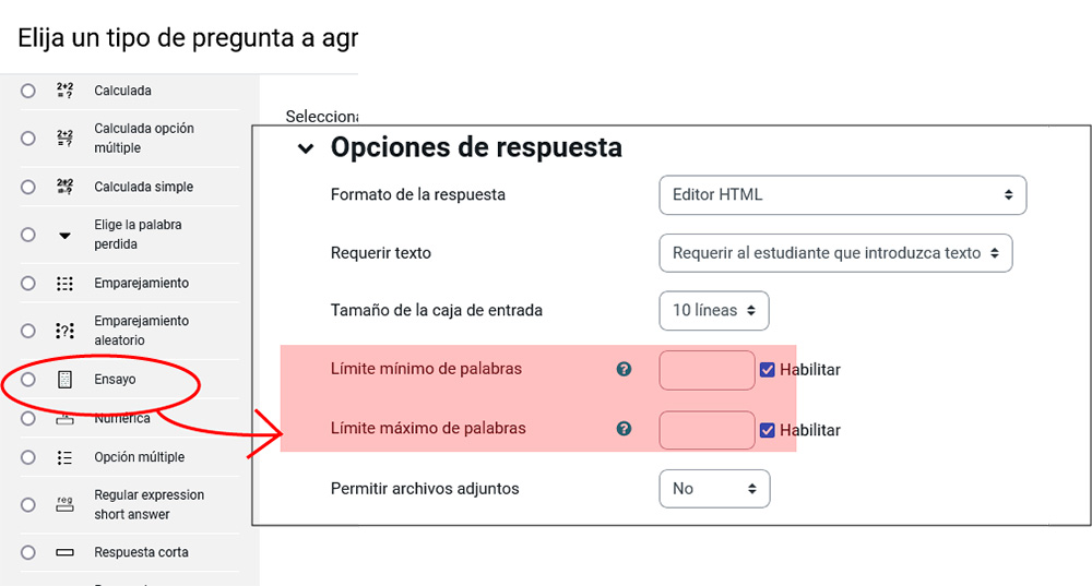 La imagen muestra como configurar el límite de palabras