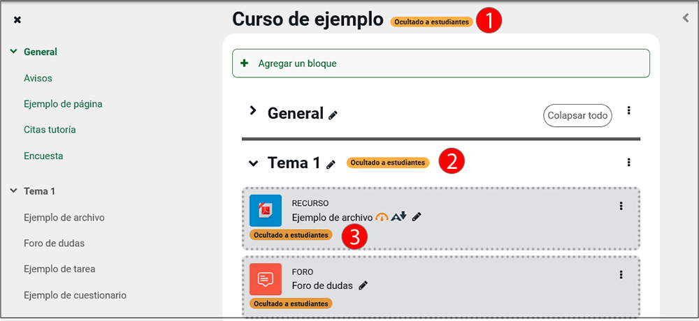 La imagen muestra la etiqueta anaranjada “ocultado a estudiantes”