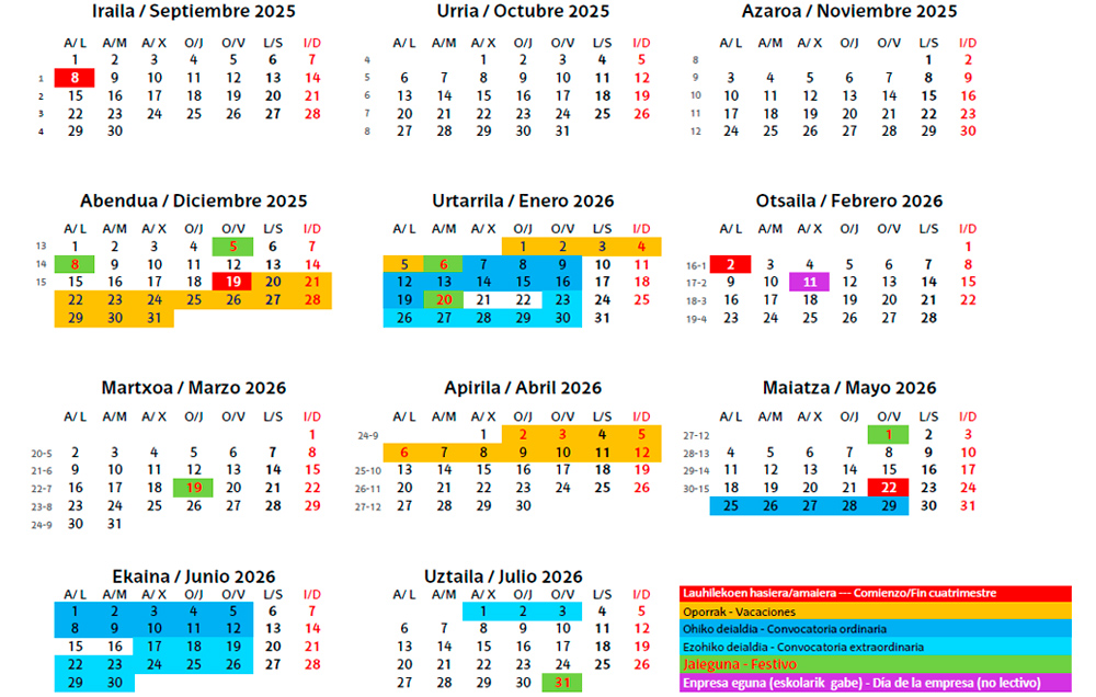 Calendario académico 2025-2026 sede Donostia