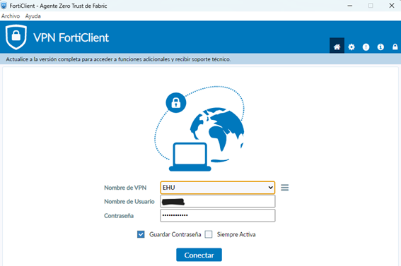 VPN FortiClient solicita Nombre de VPN, que es EHU, y Nombre de Usuario y Contraseña.