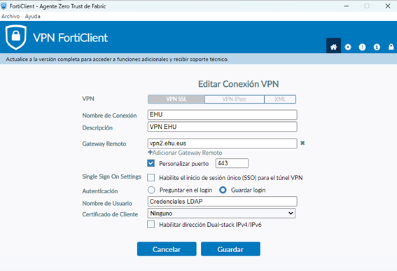 Pantalla de Editar Conexión VPN con las configuraciones indicadas y los botones de Guardar o Cancelar