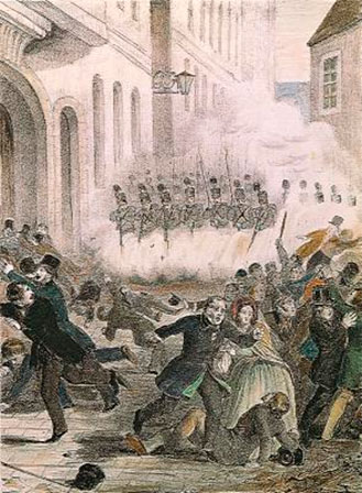 Revolution of March 1848: Scene depicting the events of March 13,1848 in front of the Lower Austrian diet. Chalk lithograph by J. Albrecht (Historisches Museum der Stadt Wien)