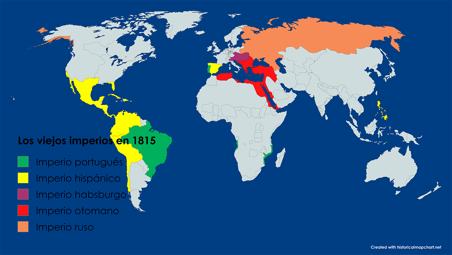 Mapa de los viejos imperios en 1815: imperios portugués, hispánico, habsburgo, otomano y ruso