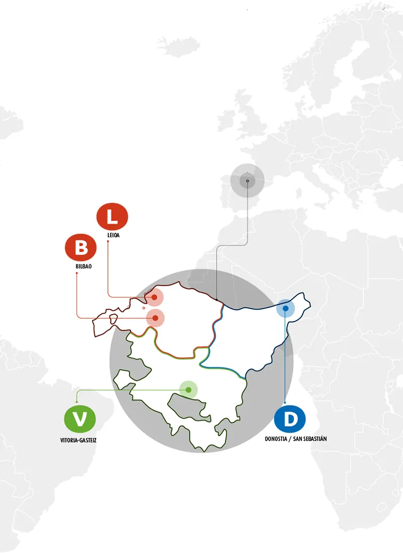 Mapa de localización de las oficinas de Vitoria-Gasteiz, Donostia, Leioa y Bilbao