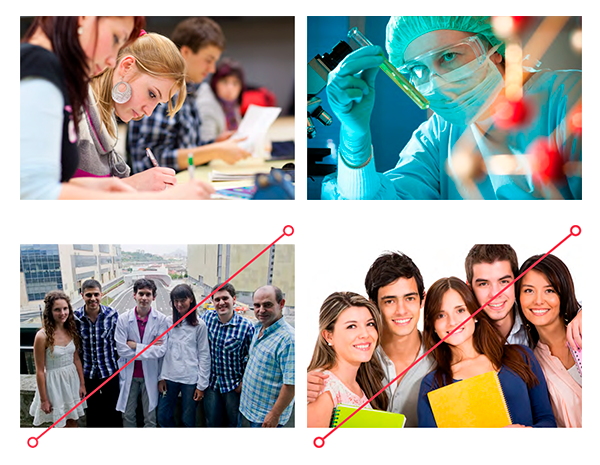 Fotos de estudiantes universitarios (2 fotos de buenas prácticas y 2 fotos de malas prácticas)