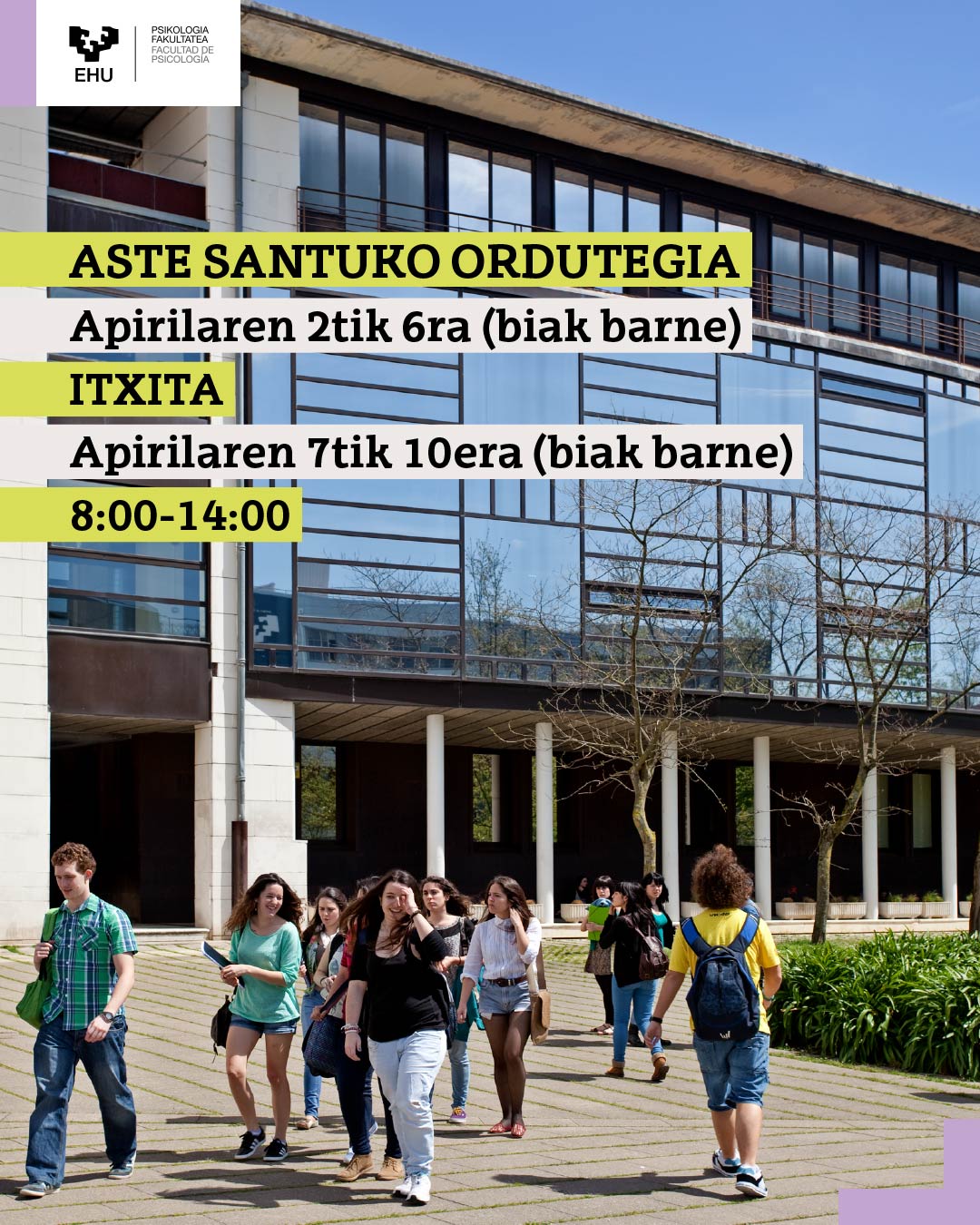 Horairo semana santa: del 2 al 6 de abril cerrado. Del 7 al 10 de abril  de 8:00 a 14.00