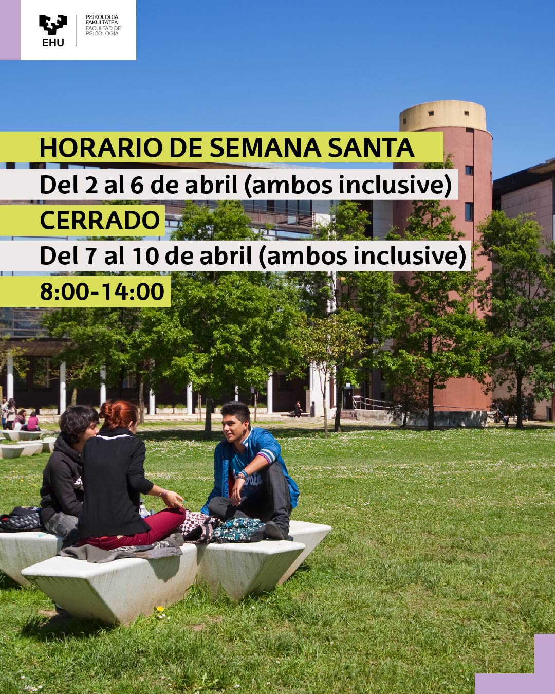 Horairo semana santa: del 2 al 6 de abril cerrado. Del 7 al 10 de abril  de 8:00 a 14.00