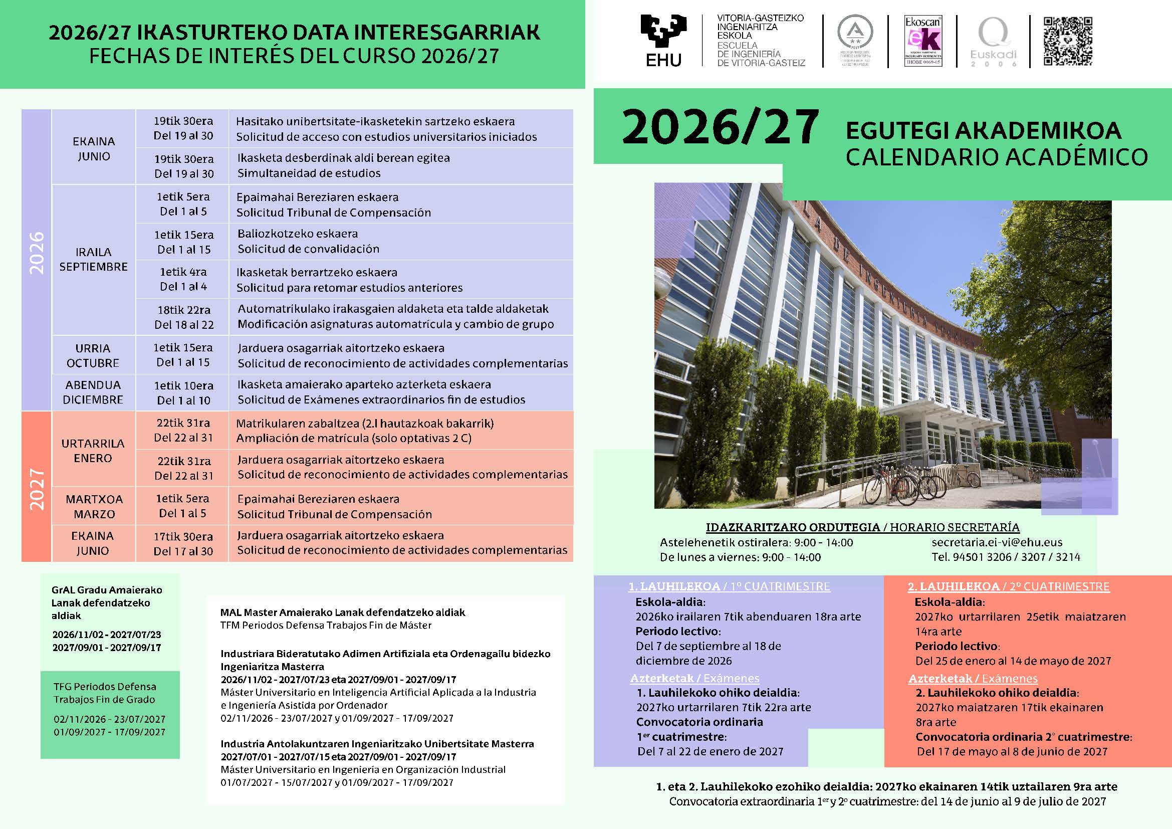 2026/27 ikasturteko ikasleentzako data interesgarriak